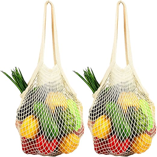 Premium Mesh Grocery Bags Reusable Produce Bags Long Handle Net Tote Bags 100% Cotton String Bags Fruit and Vegetable Bags