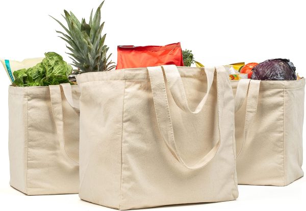 Grocery Bag Set with Real Pockets Long Shoulder Strap and Short Handle Heavy Duty Foldable Washable