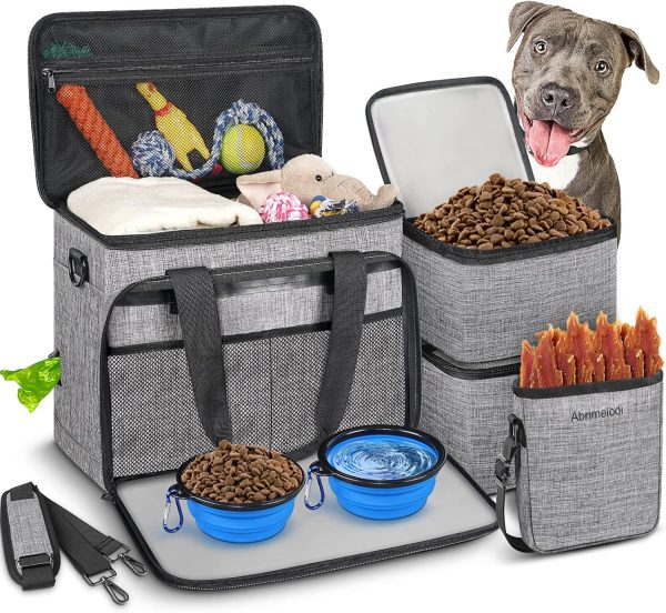 6 Set Dog Travel Bag, Large Pet Travel Kit for Supplies Includes 2 Food Containers, 1 Travel Organizer for Dogs, 2 Collapsible Bowls, 1 Treat Pouch, Dog Weekend Overnight Travel Bag Luggage